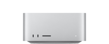 Parte frontal de una Mac Studio color plata, dos puertos USB-C, ranura para tarjeta SDXC, luz indicadora de estado, base cónica en la parte inferior, superficie plana en la parte superior, lados redondeados y bordes rectos