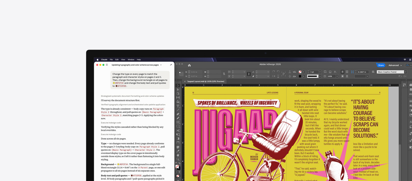 Claude y Adobe InDesign 2026 abiertos en una pantalla, Claude muestra un prompt generativo sobre la actualización del diseño de un documento, Adobe InDesign 2026 muestra el documento que se está editando