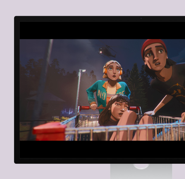 Studio Display, la pantalla muestra una imagen del juego Mixtape, dos adolescentes con las manos en un carro de compras, una tercera adolescente sentada en el carro de compras, se ven postes de luz, árboles y un helicóptero sobre un cielo oscuro detrás de ellos