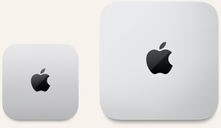 Dos dispositivos Mac mini, parte superior, aluminio color plata, esquinas redondeadas, logo de Apple en el centro en color negro brillante, uno es el modelo nuevo y tiene menos de la mitad de tamaño que el otro
