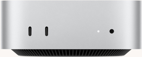 Mac mini, parte frontal, dos puertos Thunderbolt, luz indicadora de estado y entrada para audífonos, base cónica negra en la parte inferior, superficie plana en la parte superior, lados redondeados, bordes rectos, color plata