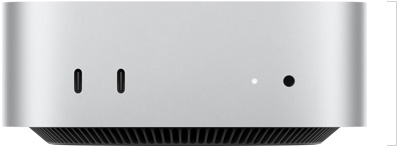 Mac mini, parte frontal, dos puertos Thunderbolt, luz indicadora de estado y entrada para audífonos, base cónica negra en la parte inferior, superficie plana en la parte superior, lados redondeados, bordes rectos, color plata