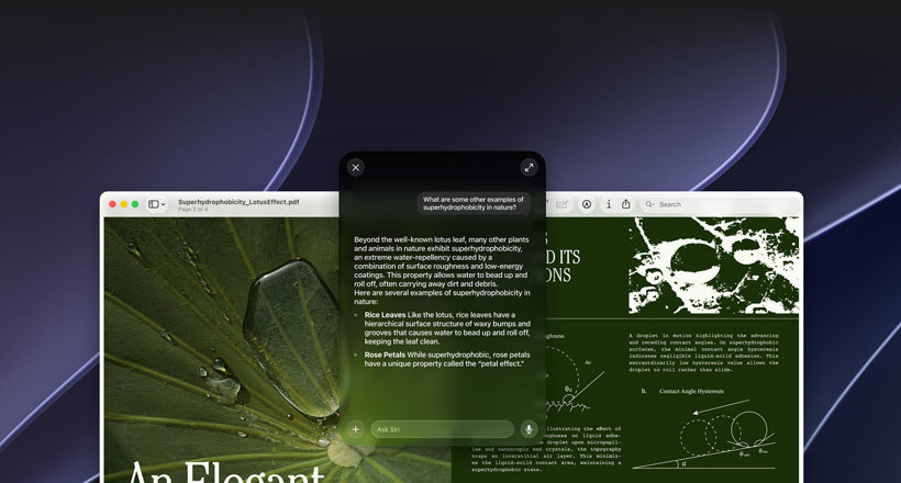Demostración de Siri e Inteligencia Visual, consulta de un usuario sobre un tema en un PDF en la pantalla de una Mac, ¿Qué otros ejemplos hay de superhidrofobicidad en la naturaleza?, respuesta de Siri