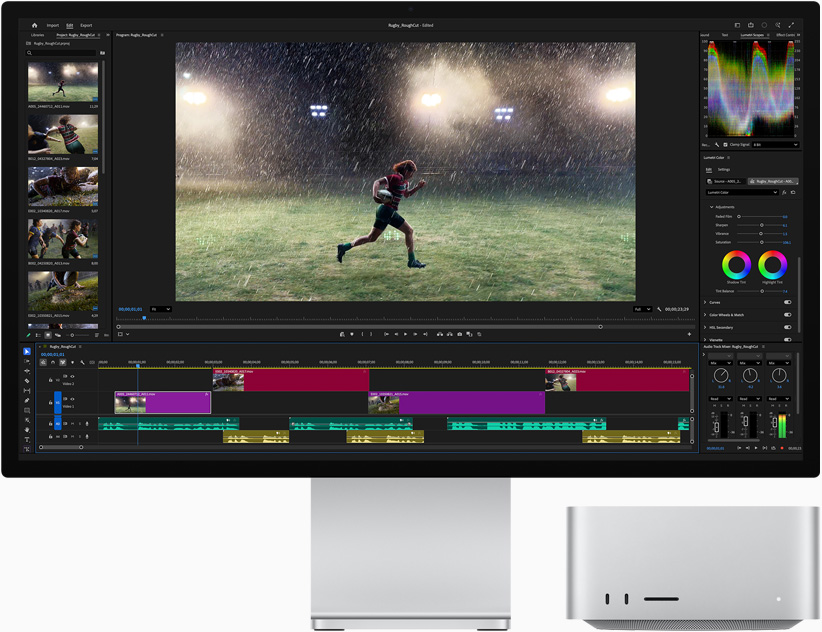 Studio Display XDR, la pantalla muestra la app Adobe Premiere y la imagen de una persona corriendo bajo la lluvia en una pista, Mac Studio, vista frontal