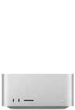 Parte frontal de una Mac Studio color plata, dos puertos USB-C, ranura para tarjeta SDXC, luz indicadora de estado, base cónica en la parte inferior, superficie plana en la parte superior, lados redondeados y bordes rectos