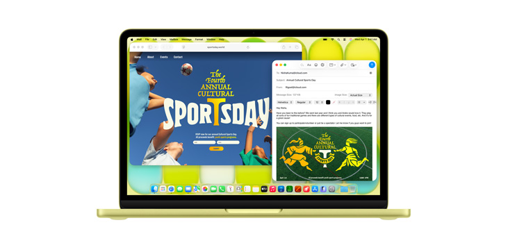 Varias apps abiertas en una MacBook Neo, como Safari y Mail, con un folleto que dice, en inglés, "el cuarto día anual del deporte y la cultura".