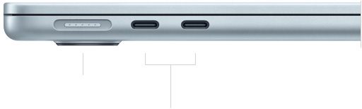 MacBook Air, cerrada, lado izquierdo, mostrando un puerto MagSafe y dos puertos Thunderbolt
