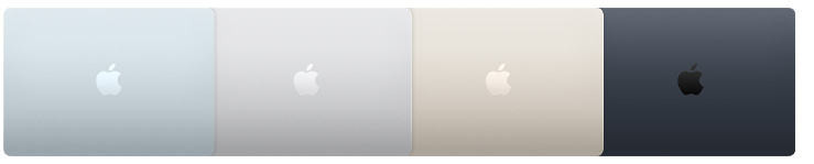 Vista exterior de cuatro modelos de MacBook Air, cada uno con un acabado diferente