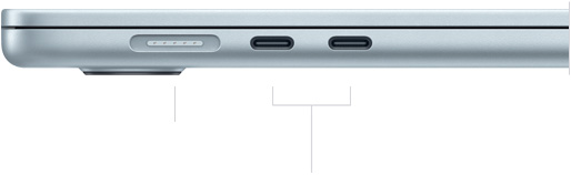 MacBook Air, cerrada, lado izquierdo, mostrando un puerto MagSafe y dos puertos Thunderbolt