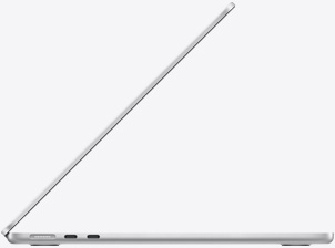 Parte lateral de una MacBook Air, abierta, color plata