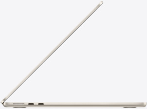 Parte lateral de una MacBook Air, abierta, blanco estelar