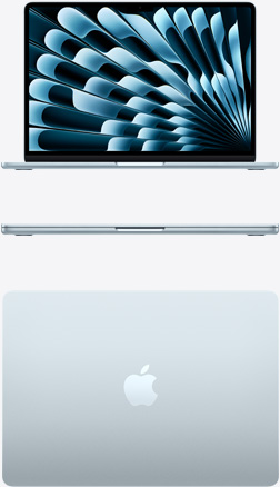 Vista desde arriba y de la parte frontal de una MacBook Air azul cielo