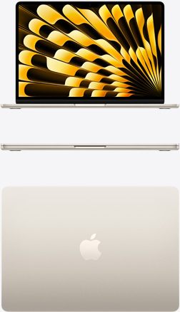 Vista desde arriba y de la parte frontal de una MacBook Air blanco estelar