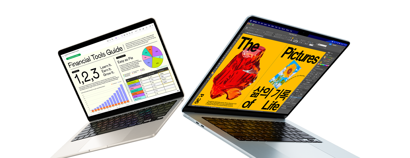 Un portátil MacBook Air de 13 pulgadas y otra de 15 pulgadas, una pantalla muestra un proyecto de Numbers y la otra un proyecto de diseño