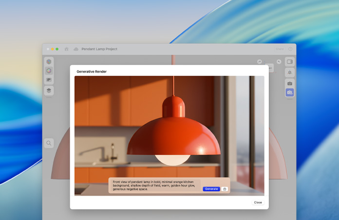 Pantalla de Image Playground con la imagen de una lámpara colgante y un texto generado por IA