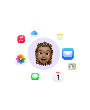 Emoji de una cara sonriente rodeada de varios íconos de apps: Música, iCloud Drive, Notas, Mail, Contactos, Calendario, Mensajes y Fotos