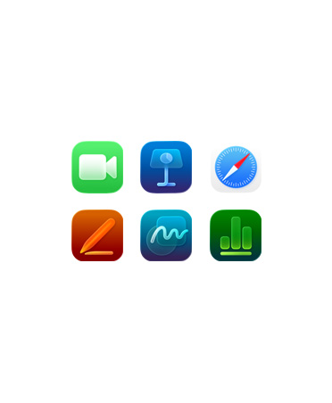 Vista frontal de varias apps como Facetime, Freeform y Keynote.