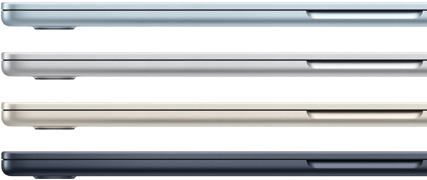 Parte lateral de cuatro portátiles MacBook Air en cuatro acabados diferentes