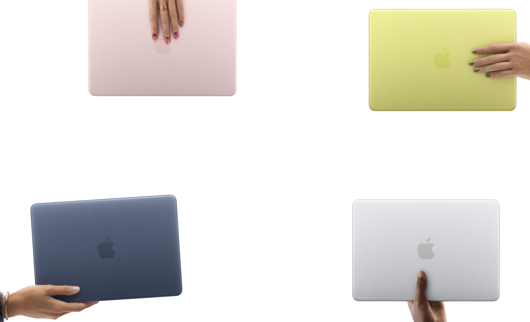 Cuatro portátiles MacBook Neo en los colores rosa rubor, amarillo cítrico, índigo y plata, cada una en la mano de una persona diferente