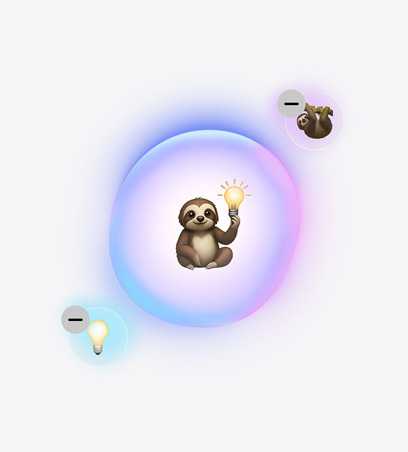 Funcionalidad Genmoji en uso, emoji de un perezoso sosteniendo un foco, rodeado de un emoji de perezoso más pequeño y un emoji de foco