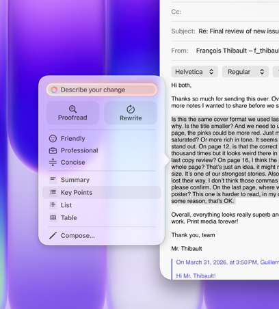 Herramientas de Escritura en uso, se resalta un párrafo largo de texto en un email, el menú de Herramientas de Escritura muestra la opción Puntos Clave seleccionada, con el ícono de una lista con viñetas