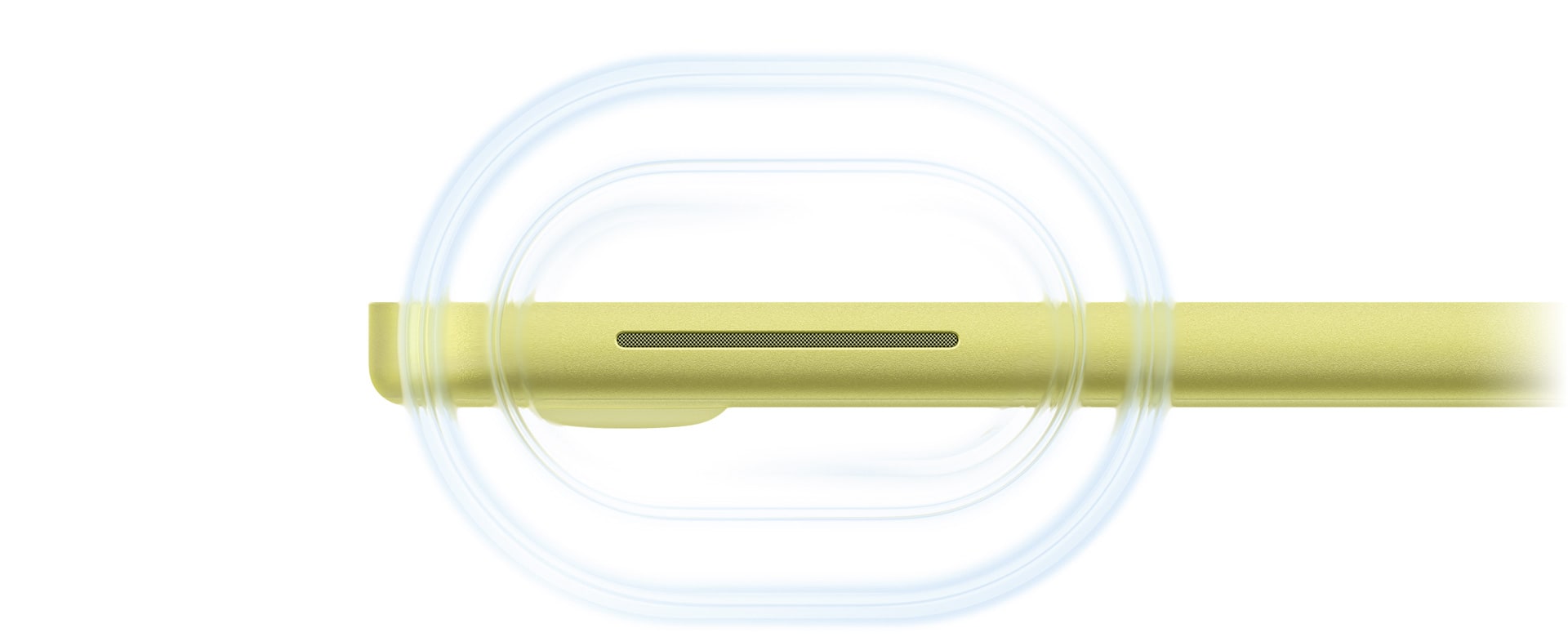 MacBook Neo, color amarillo cítrico, abierta, ondas sonoras que se propagan desde el parlante del lado derecho del computador cerca de la parte delantera