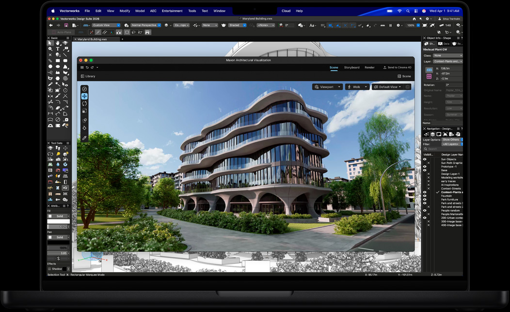 Pantalla de una MacBook Pro que muestra Vectorworks Design Suite con Maxon Redshift