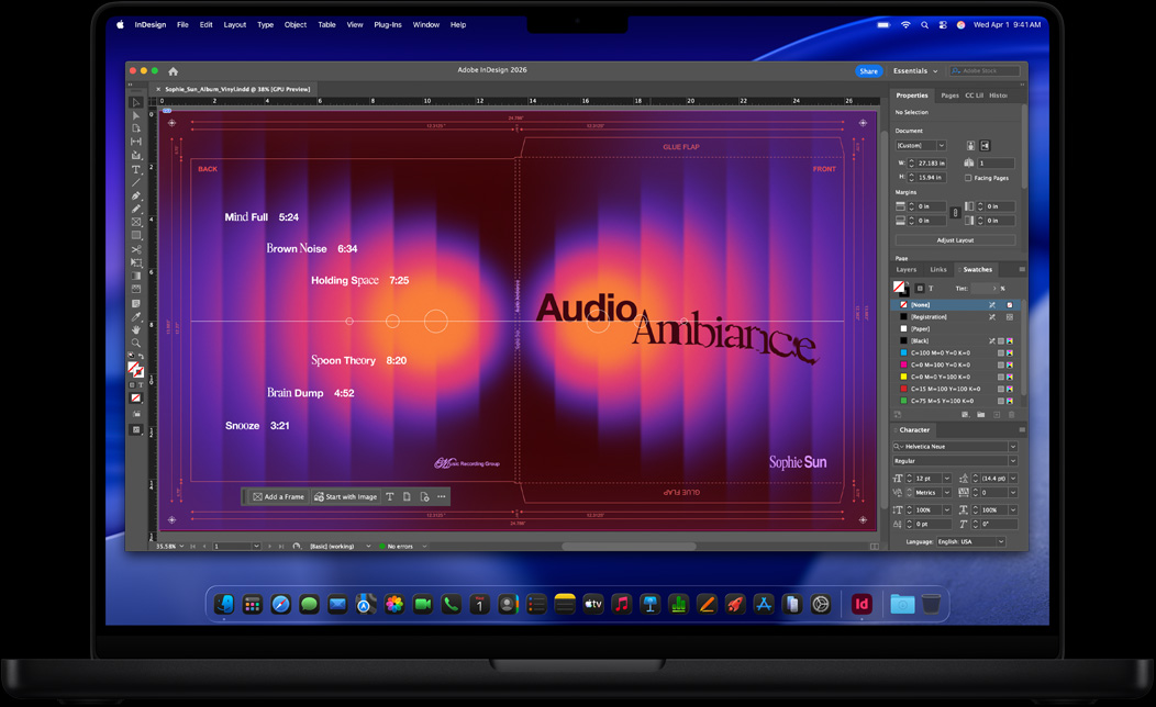 Pantalla de una MacBook Pro con Adobe InDesign que se usa para diseñar la portada de un disco de vinilo