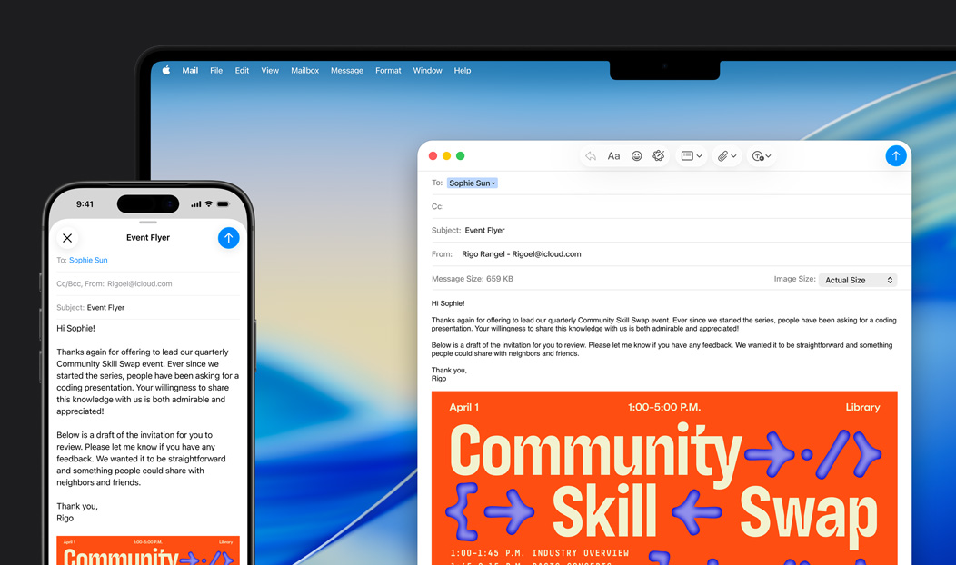 iPhone 16 Plus y MacBook Pro, app Mail abierta, ambas pantallas muestran el mismo borrador de un email
