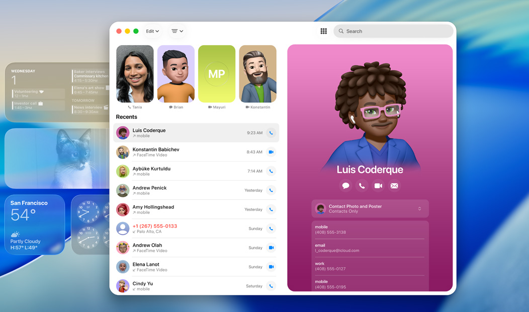 MacBook Pro, app Teléfono abierta, se muestra un contacto de una llamada reciente