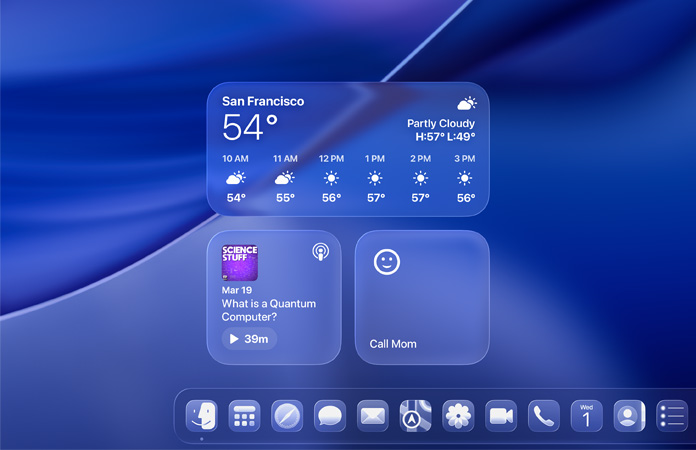 Los widgets Clima, Podcasts y Recordatorios con diseño Liquid Glass en la pantalla de macOS Tahoe