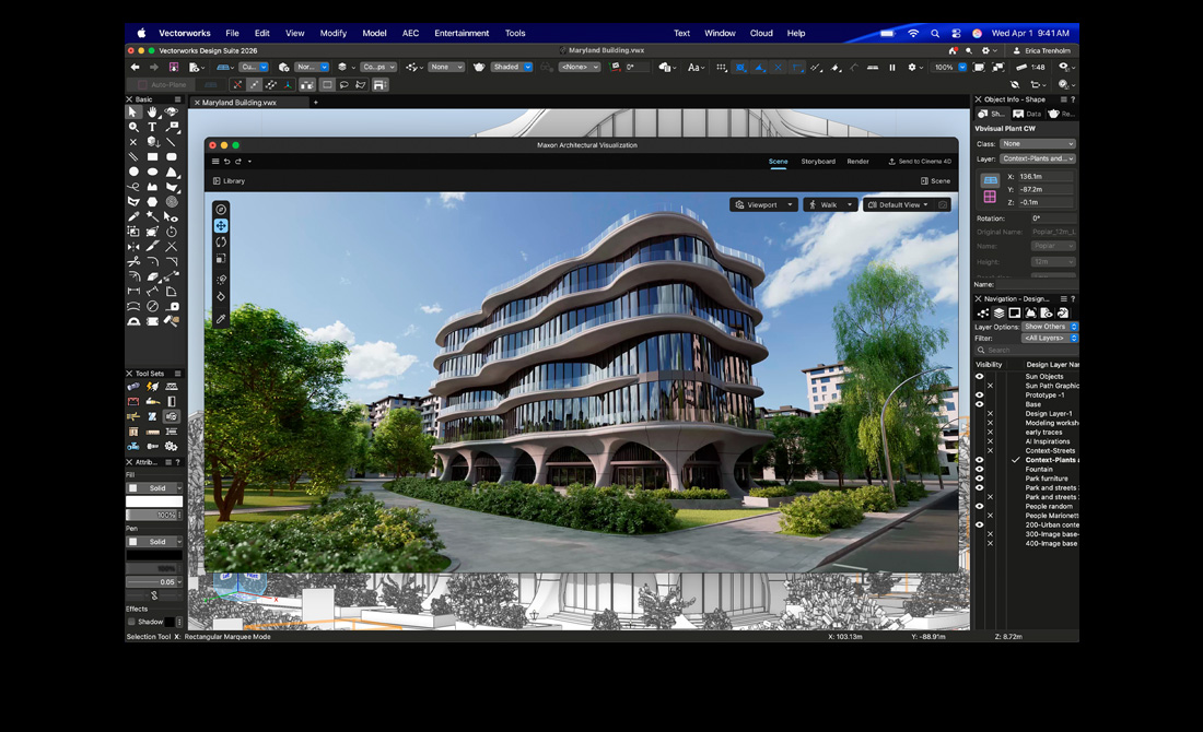 Pantalla de una MacBook Pro que muestra Vectorworks Design Suite con Maxon Redshift