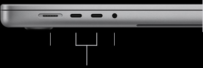 MacBook Pro de 16 pulgadas, cerrada, lado izquierdo, con un puerto MagSafe 3, dos puertos Thunderbolt 5 y entrada para audífonos