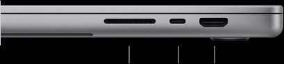 MacBook Pro de 16 pulgadas, cerrada, lado derecho, con una ranura para tarjeta SDXC, un puerto Thunderbolt 5 y un puerto HDMI