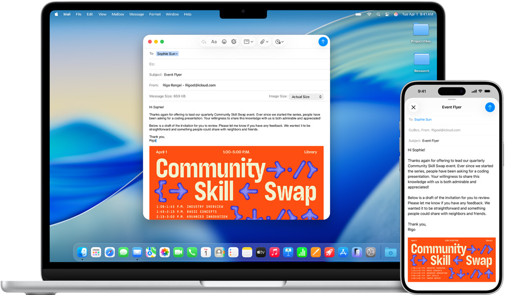 Un iPhone 16 Plus, una MacBook Air de 13 pulgadas, la app Mail abierta, el mismo borrador de email en la pantalla de ambos dispositivos