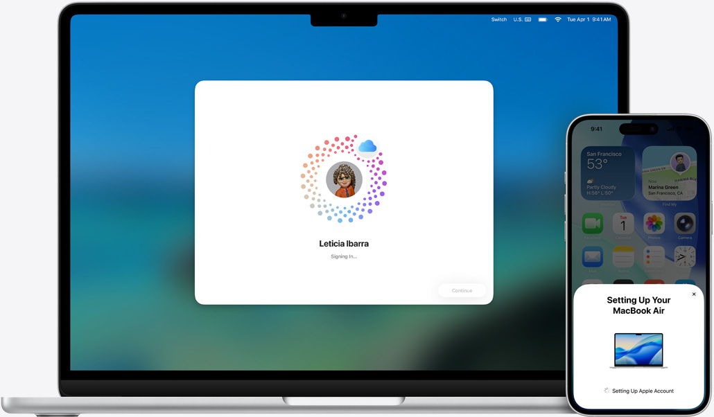 Una MacBook Air de 13 pulgadas y un iPhone 16 Plus, se está instalando macOS en la MacBook, la pantalla del iPhone muestra las indicaciones de configuración