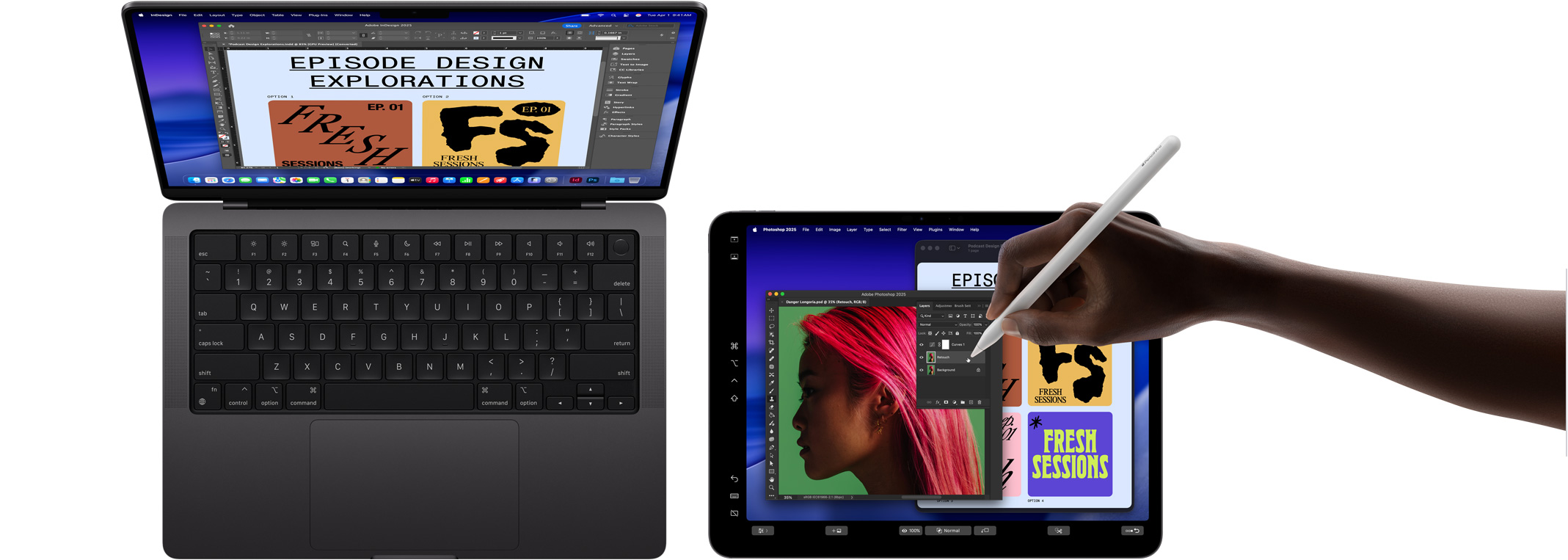 Una MacBook Pro de 14 pulgadas, un iPad Pro de 13 pulgadas que se está usando para ampliar la pantalla de la MacBook, una mano usando un Apple Pencil para manipular la imagen en el iPad