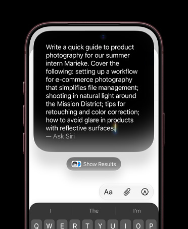 Pantalla de un iPhone que muestra instrucciones detalladas para crear un borrador con la funcionalidad Escribir con Siri
