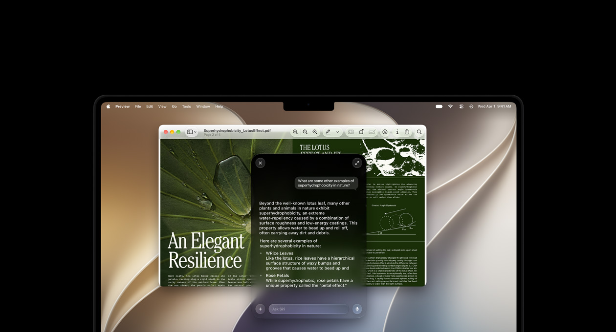 MacBook Pro, 14 pulgadas, negro espacial, la pantalla muestra un informe acerca de la resiliencia y una consulta para Siri con respuestas