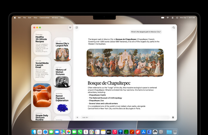Una MacBook Pro de 14 pulgadas, negro espacial, la pantalla muestra la app Siri con una conversación activa de Siri AI y conversaciones anteriores en la barra lateral.