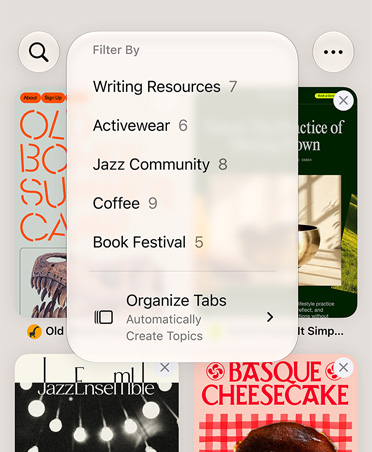 Navegador Safari en un iPhone, mostrando el menú de filtros con categorías como Recursos de Escritura, Ropa de Deportes, Comunidad de Jazz, Café y Festival del Libro, con la opción Organizar Automáticamente seleccionada