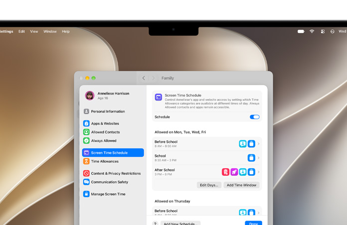 MacBook Pro, la pantalla muestra las opciones de Límites de Tiempo y Horarios en Tiempo en Pantalla en Configuración para ajustar los límites de tiempo y las categorías de contenido para menores