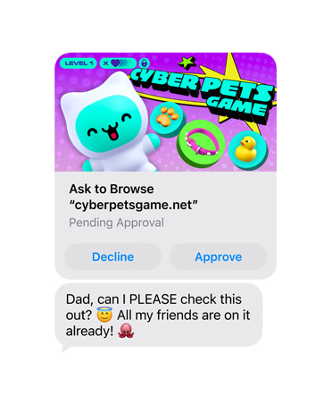Pantalla que muestra un mensaje de texto con una captura de pantalla de cyberpetsgame.net, botones Rechazar y Aprobar debajo del gráfico, texto del mensaje: Papá, ¿puedo ver esto? Todos mis amigos lo usan