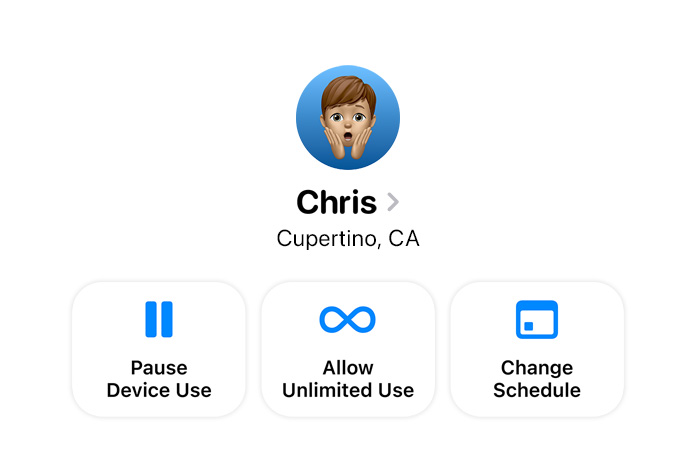 Opciones de la app Configuración para padres: Pausar Uso del Dispositivo, Permitir Uso Ilimitado o Cambiar Horario para sus hijos