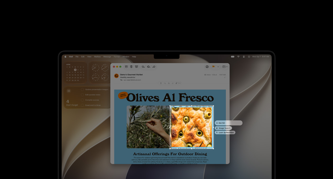 MacBook Pro de 14 pulgadas, negro espacial, la pantalla muestra una demostración de Inteligencia Visual, con un email con imágenes de comida y hierbas, un cuadro selecciona una imagen de aceitunas en un pan y se muestran tres comandos flotando sobre la imagen: Pedirle a Siri, Buscar imágenes y Consultar Información Nutricional