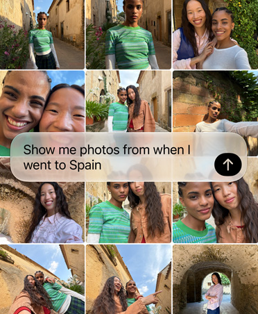 Pantalla que muestra una solicitud a Siri AI para que busque fotos de vacaciones recientes, el texto de la solicitud se superpone a la cuadrícula de fotos
