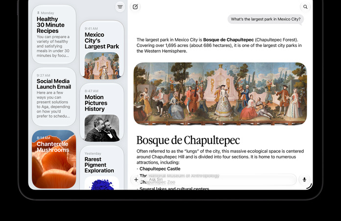 iPad Pro de 11 pulgadas, negro espacial, la pantalla muestra la app Siri con una conversación activa con Siri AI y conversaciones anteriores en la barra lateral