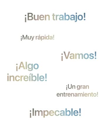 Pantalla blanca que muestra ejemplos de frases en español usadas por Workout Buddy.