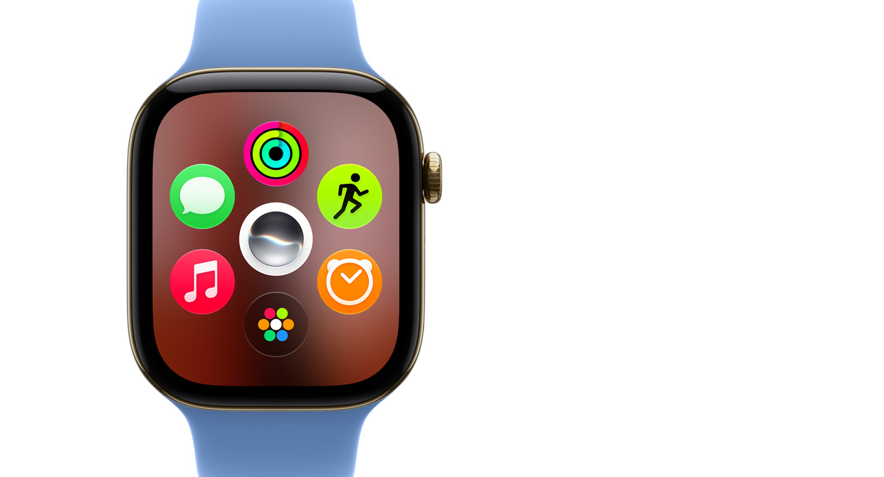 Apple Watch Series 12, titanio color oro radiante, muestra la cuadrícula dinámica de apps