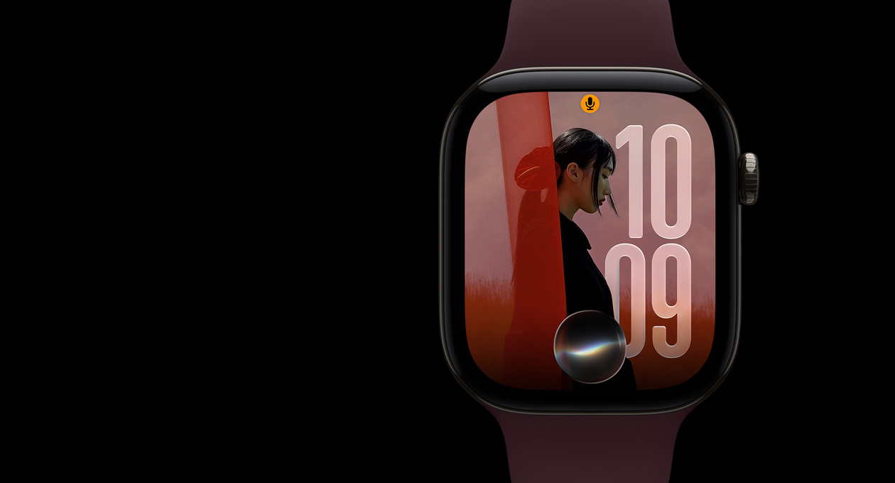 Apple Watch Series 12, titanio natural, la pantalla muestra la esfera brillante de Siri con los números de la hora en Liquid Glass detrás